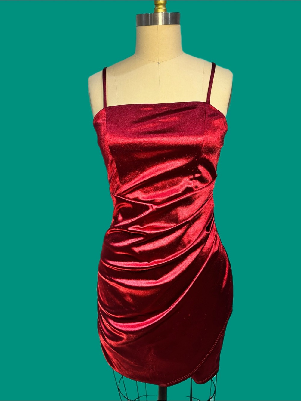 Red Satin Ruched Slip Dress